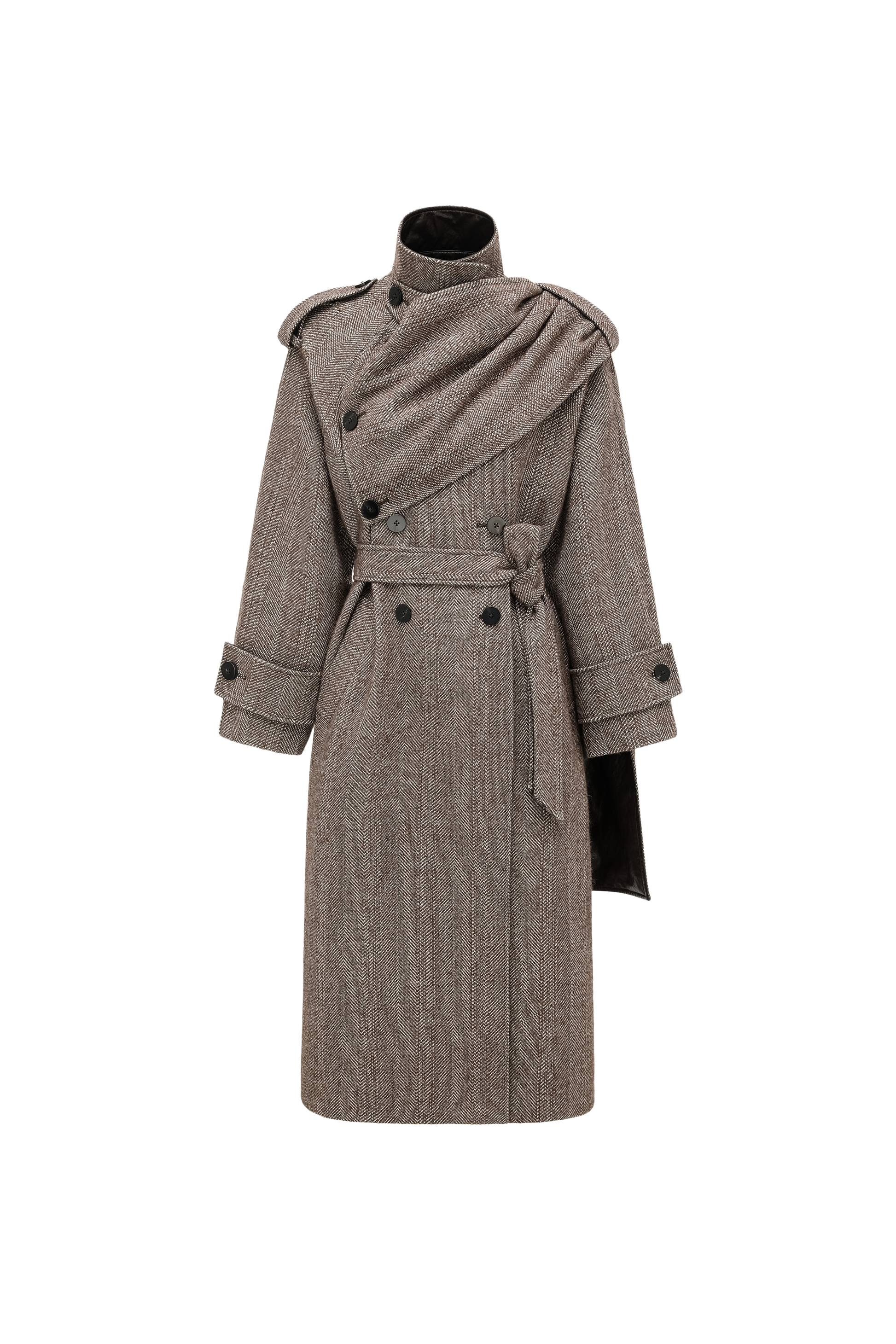 Detachable Shawl Collar Herringbone Faux Leather Blend Coat