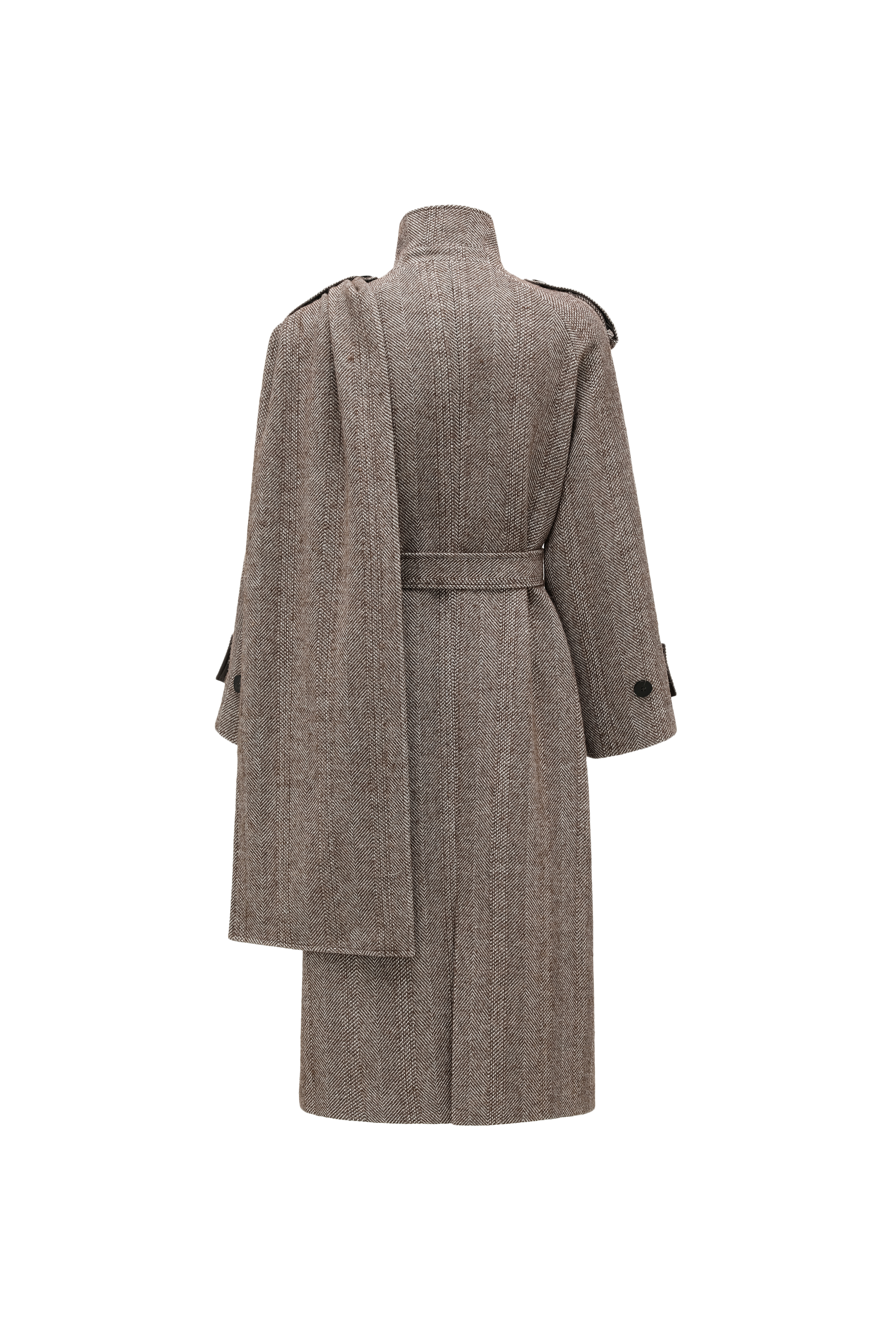 Detachable Shawl Collar Herringbone Faux Leather Blend Coat