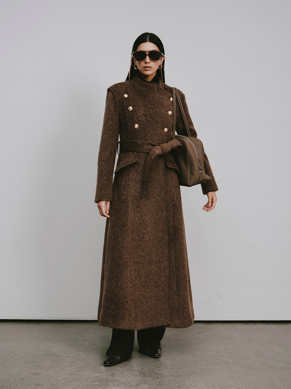 Stand Collar Tie-Waist X-Silhouette Long Coat