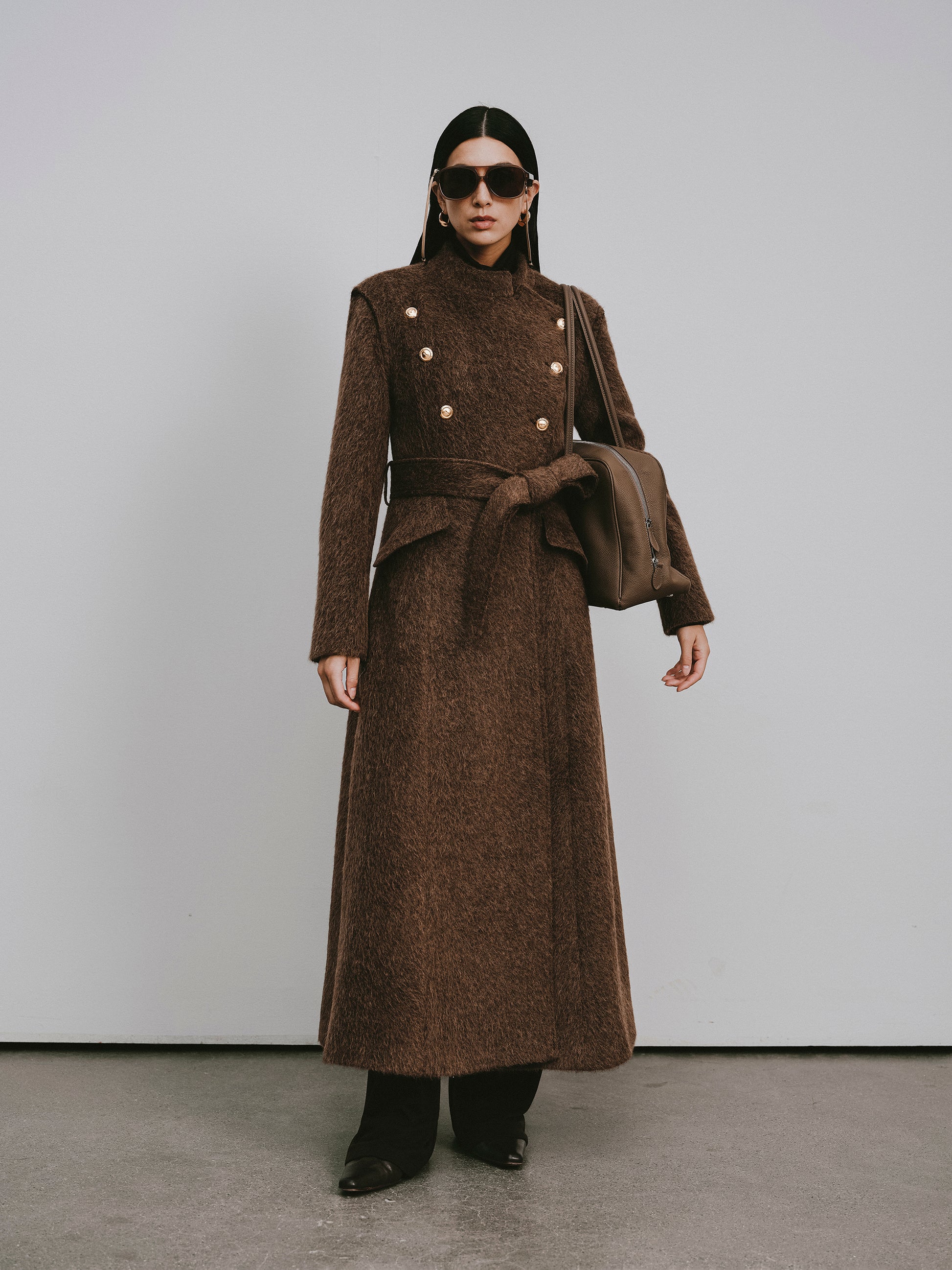 Stand Collar Tie-Waist X-Silhouette Long Coat
