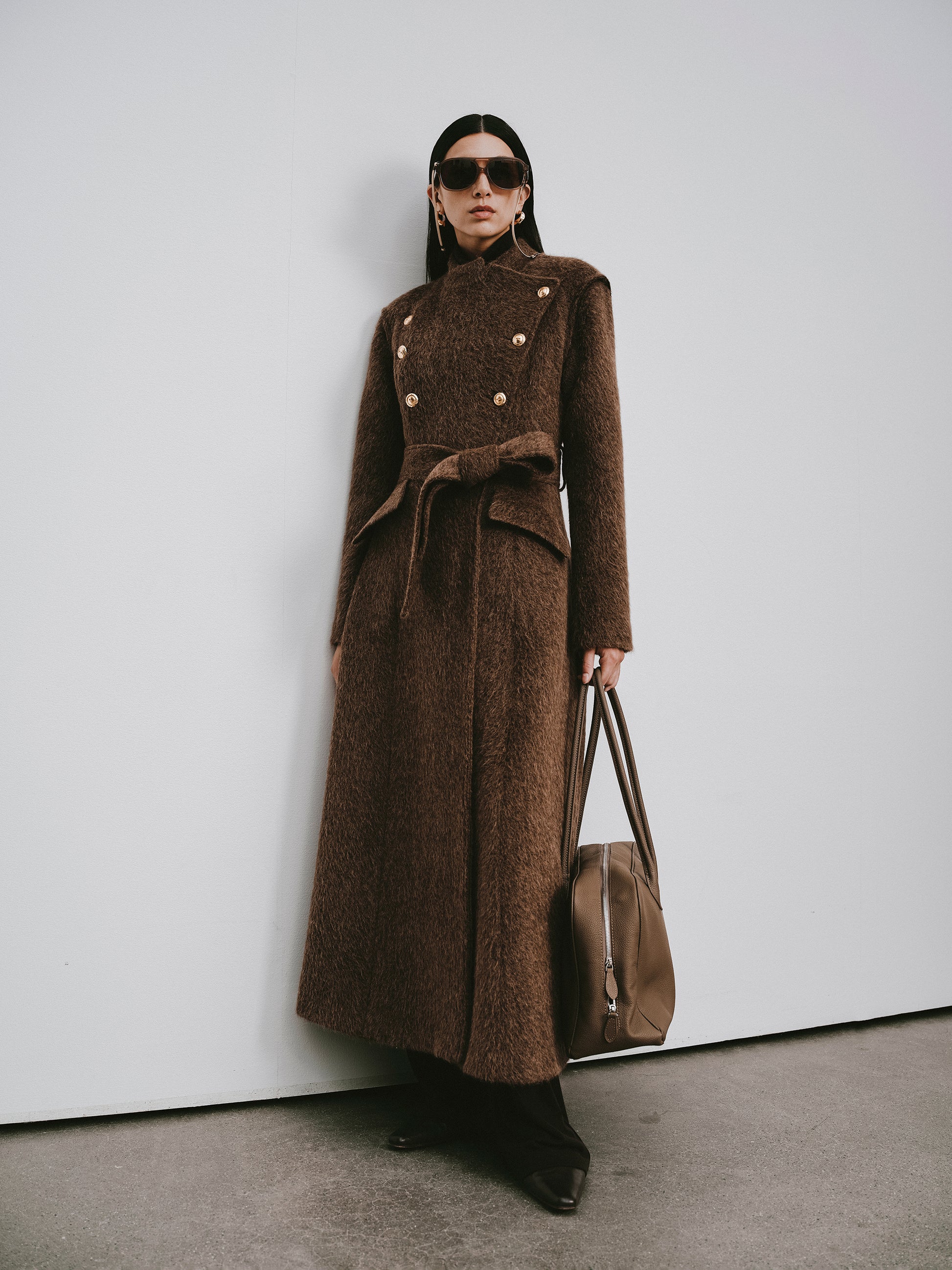 Stand Collar Tie-Waist X-Silhouette Long Coat