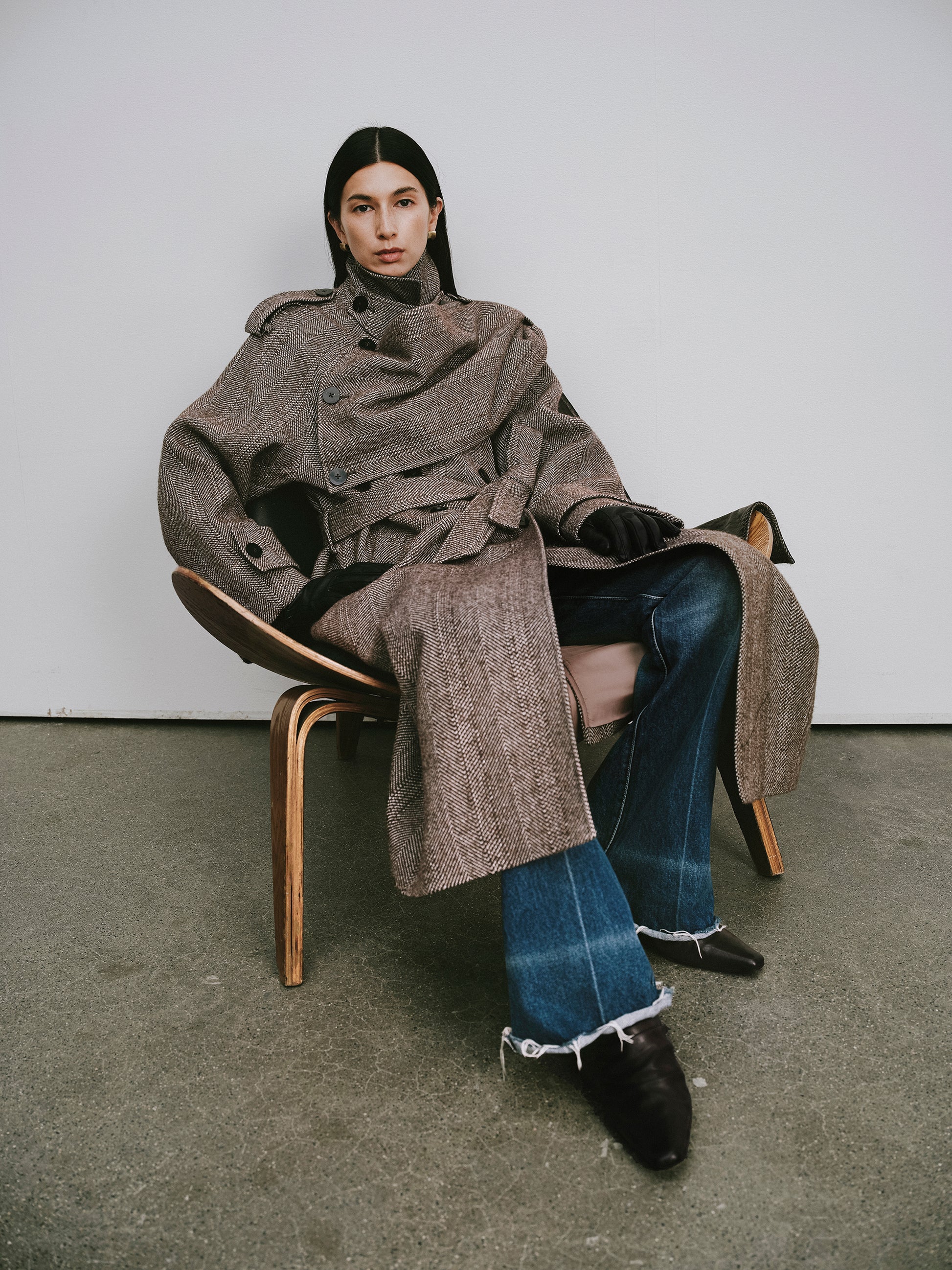 Detachable Shawl Collar Herringbone Faux Leather Blend Coat