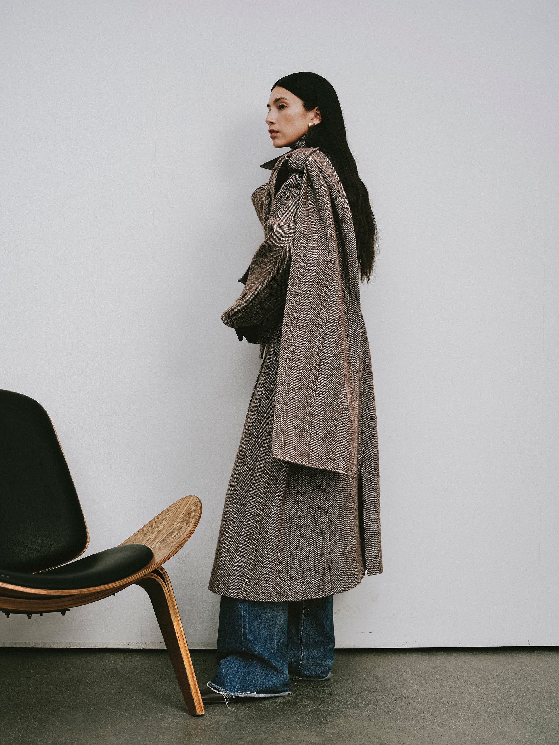 Detachable Shawl Collar Herringbone Faux Leather Blend Coat