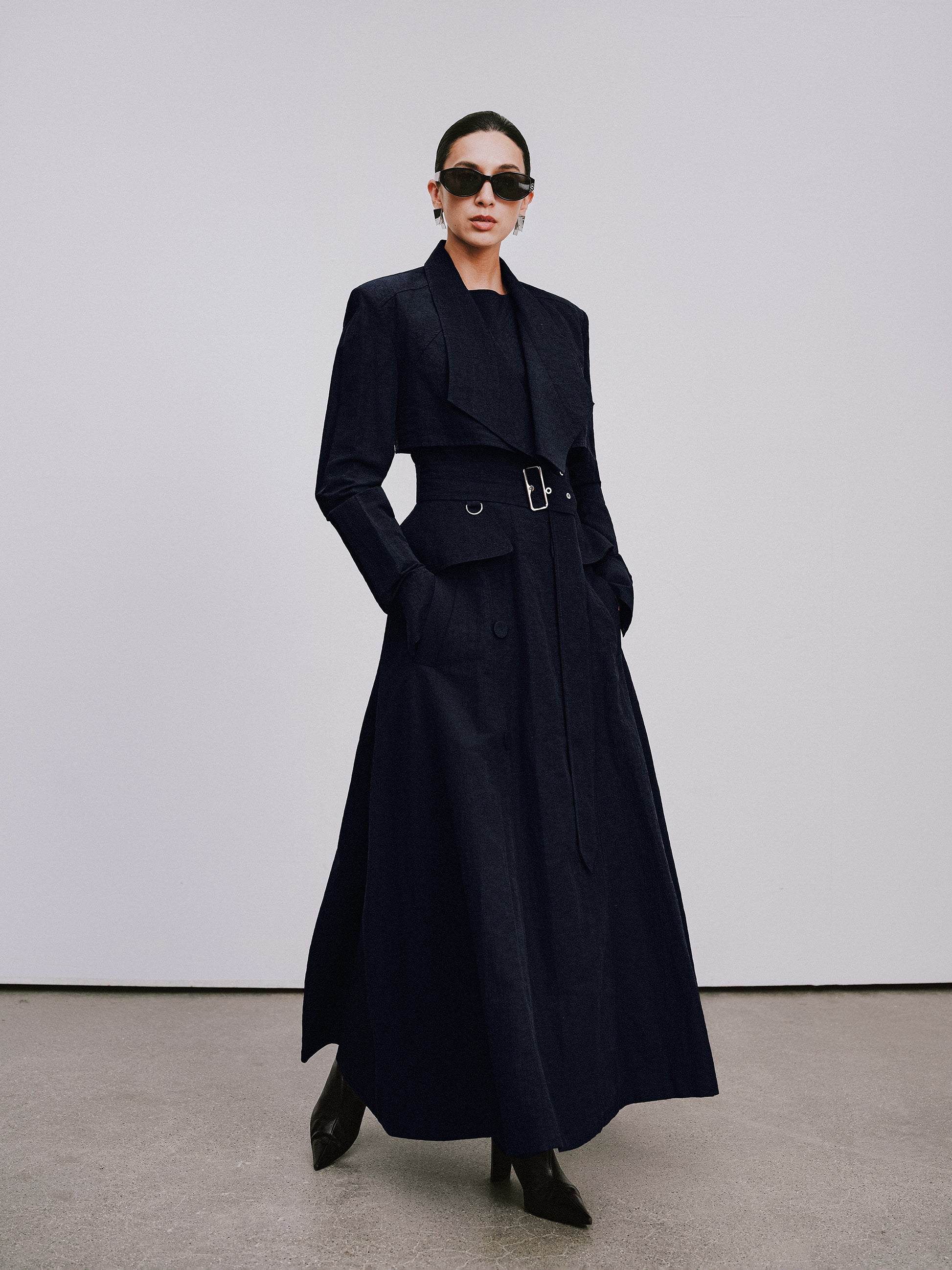 Two-Piece Trench Dress Set (Cropped Jacket + Sleeveless Round-Neck Dress)