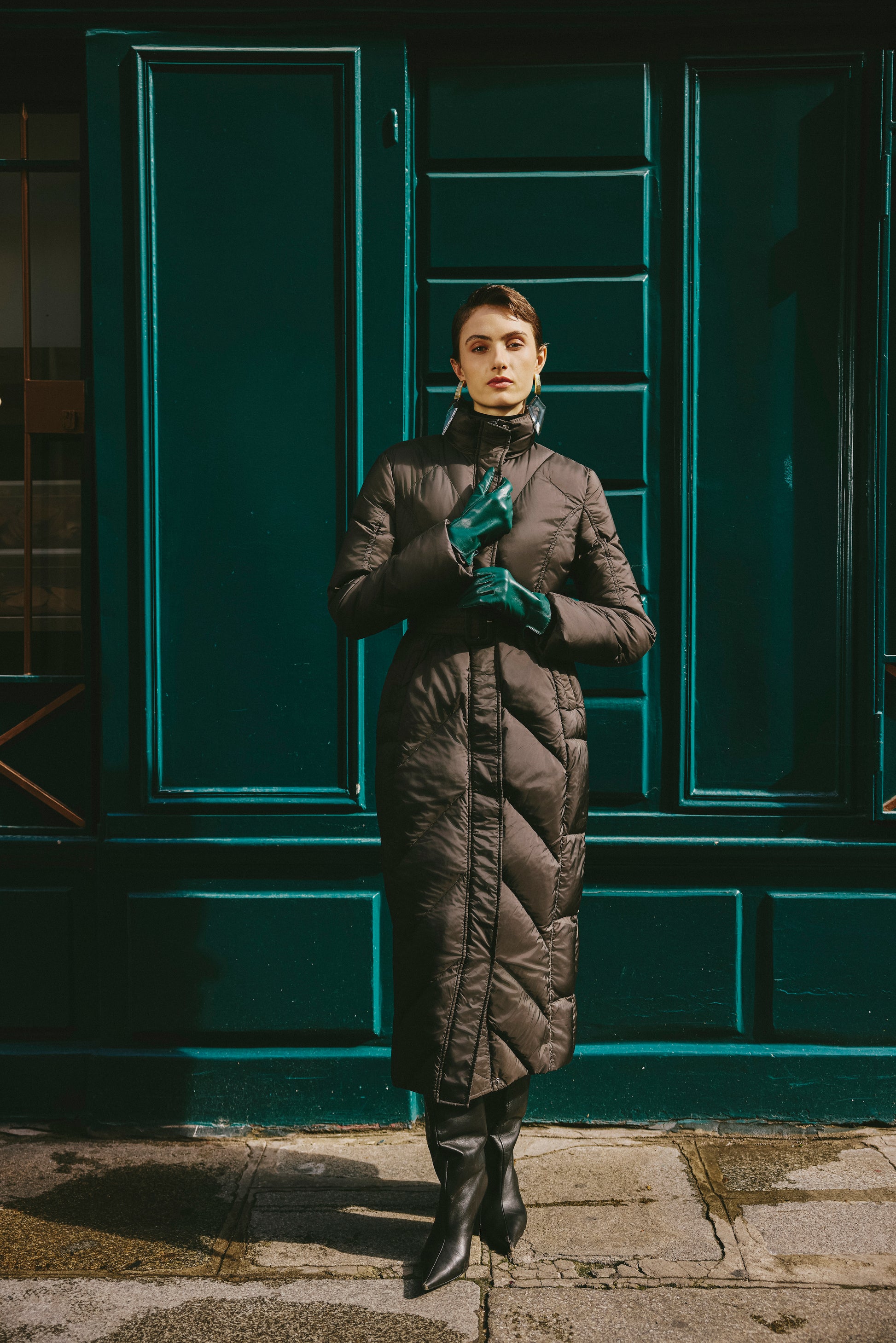 Minimalist Draped Long Down Coat with Structured Shoulder