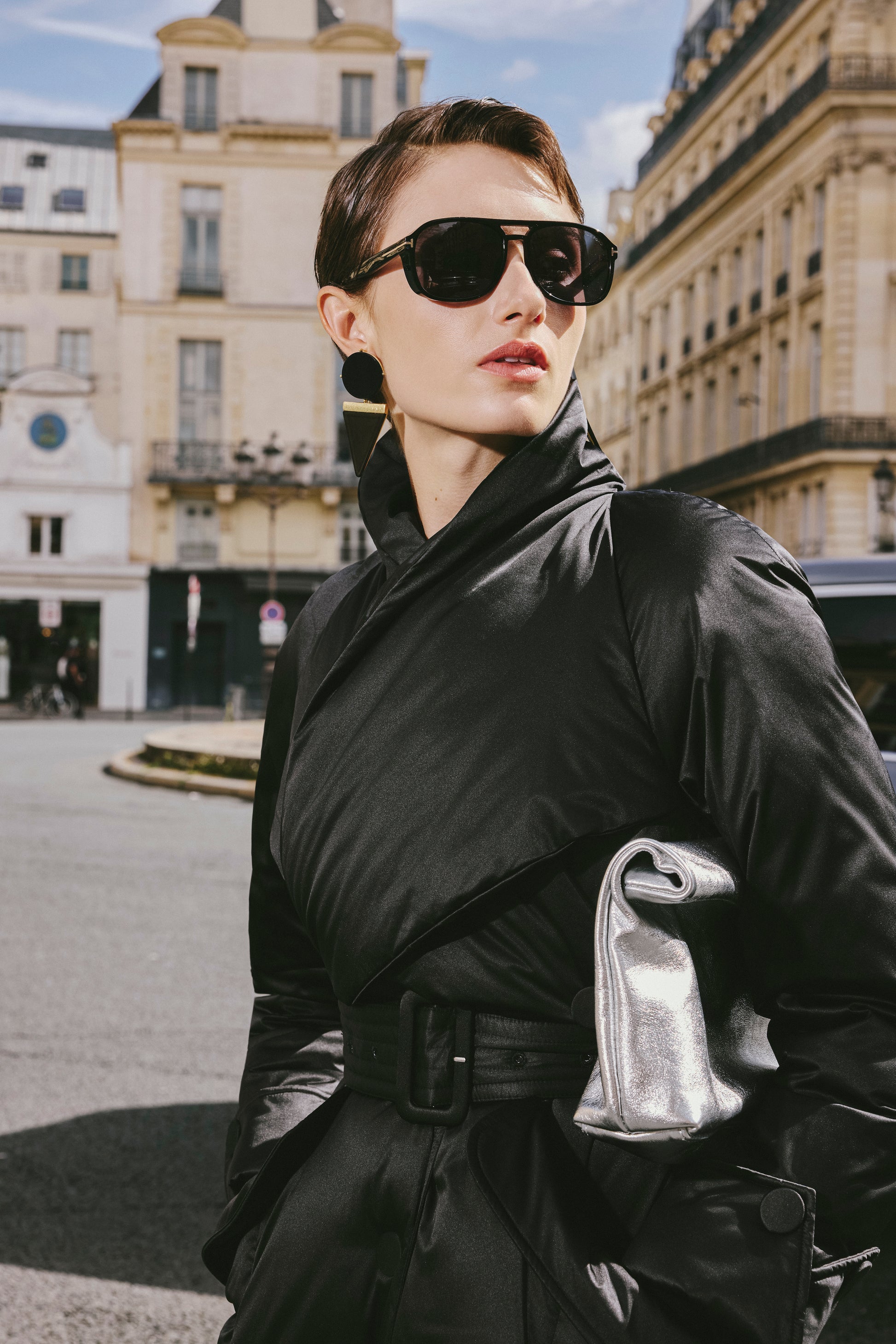 Stand-Collar Long Down Coat Cross-Wrap Waist-Defining Silhouette