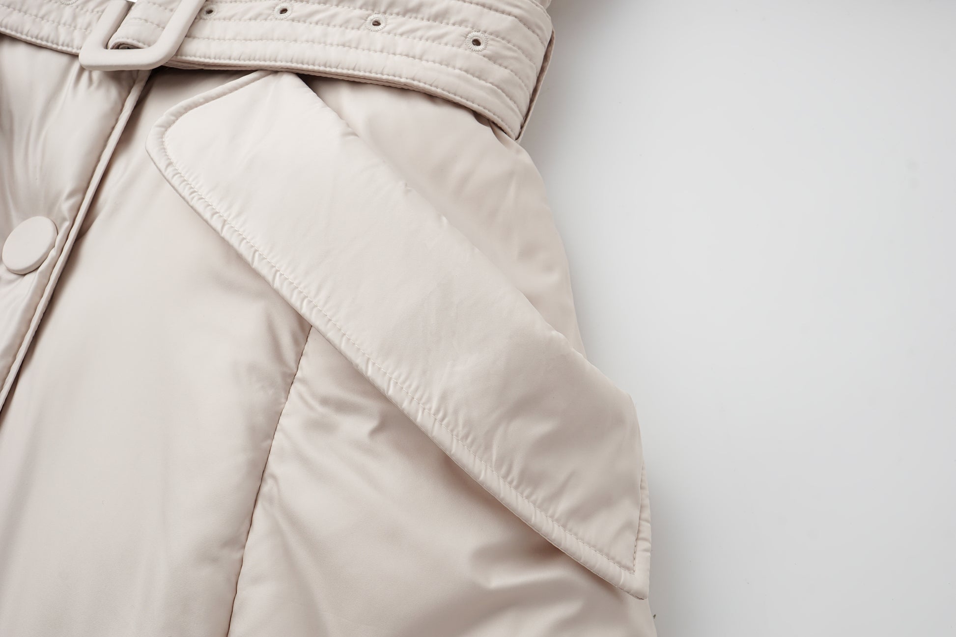 Stand-Collar Long Down Coat Cross-Wrap Waist-Defining Silhouette