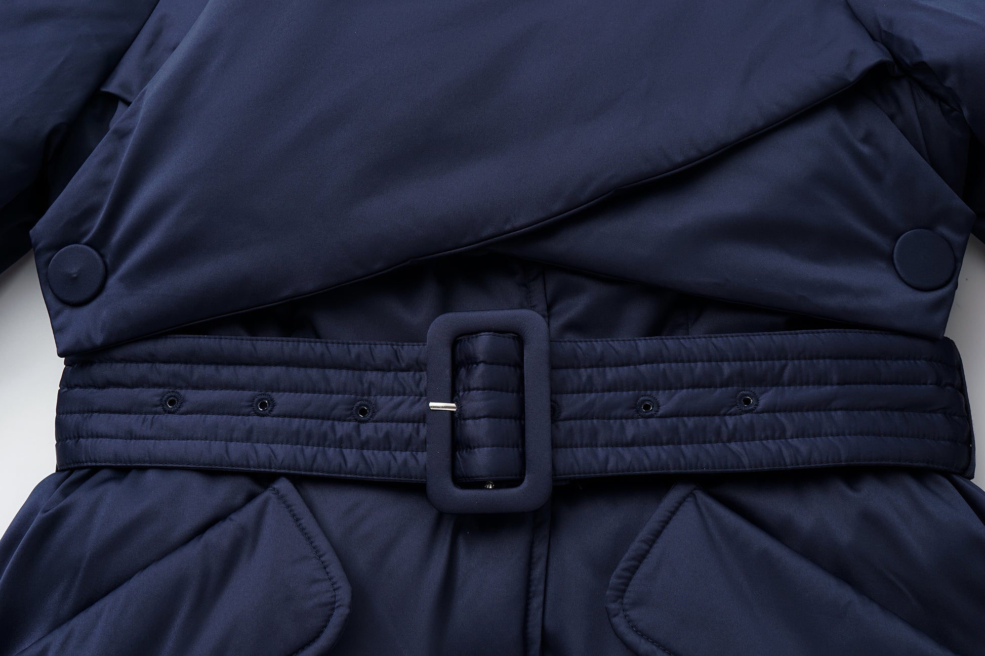 Stand-Collar Long Down Coat Cross-Wrap Waist-Defining Silhouette