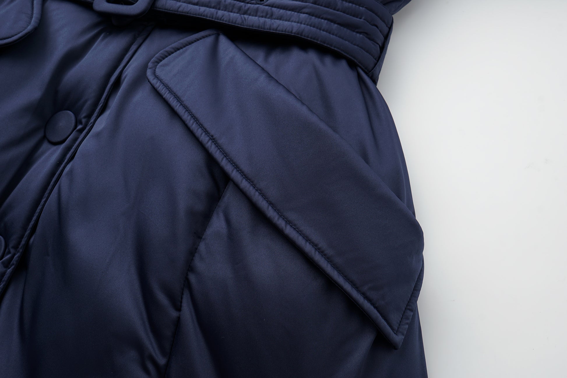 Stand-Collar Long Down Coat Cross-Wrap Waist-Defining Silhouette