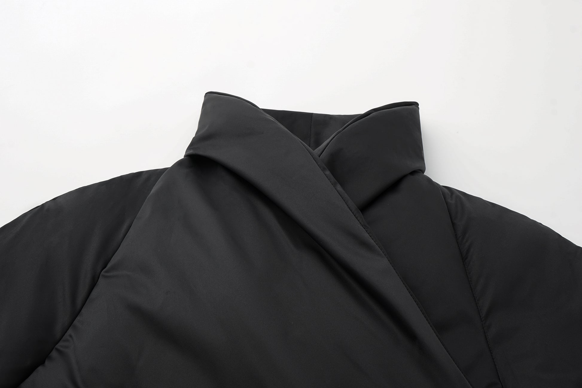 Stand-Collar Long Down Coat Cross-Wrap Waist-Defining Silhouette