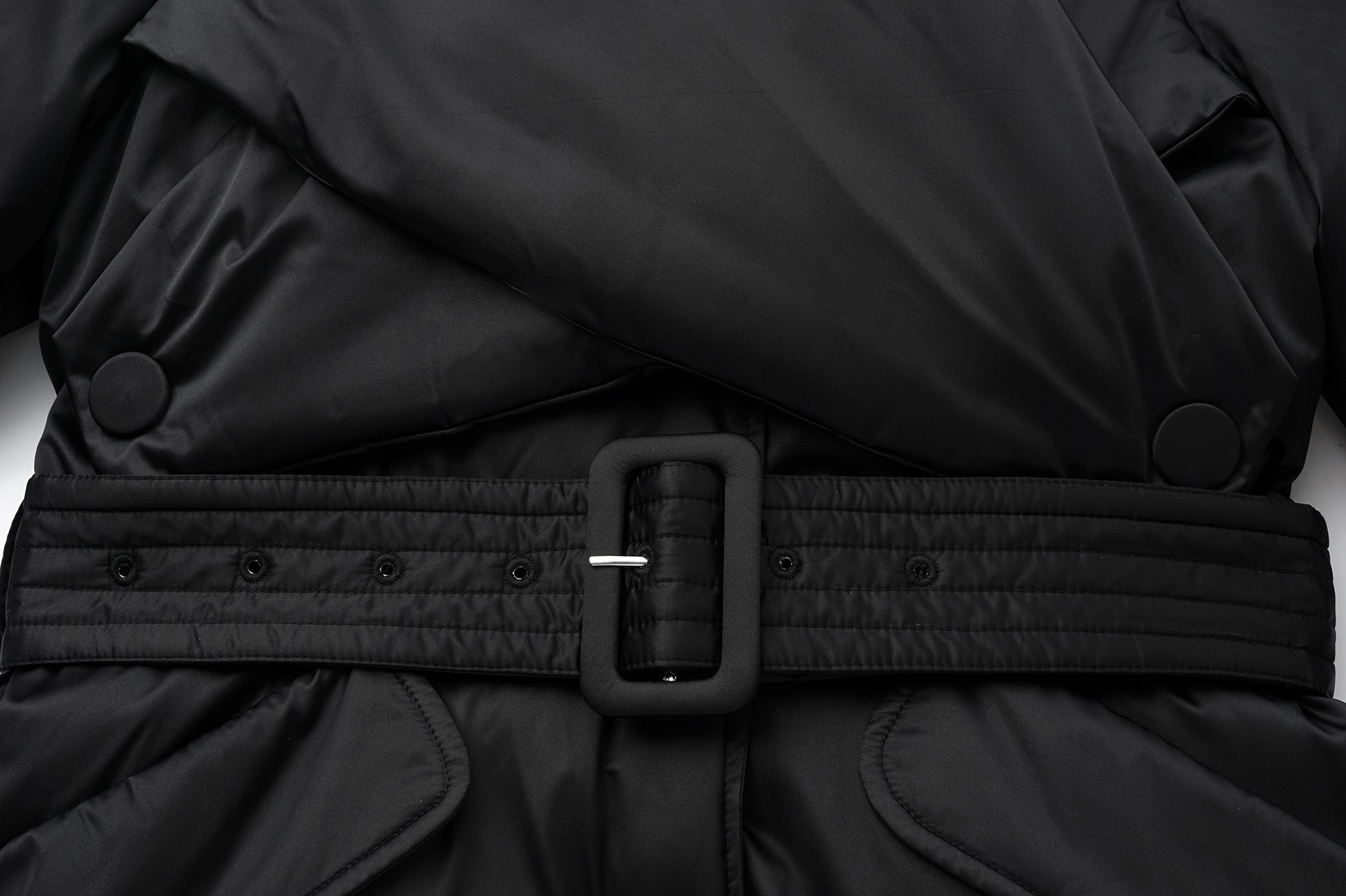 Stand-Collar Long Down Coat Cross-Wrap Waist-Defining Silhouette