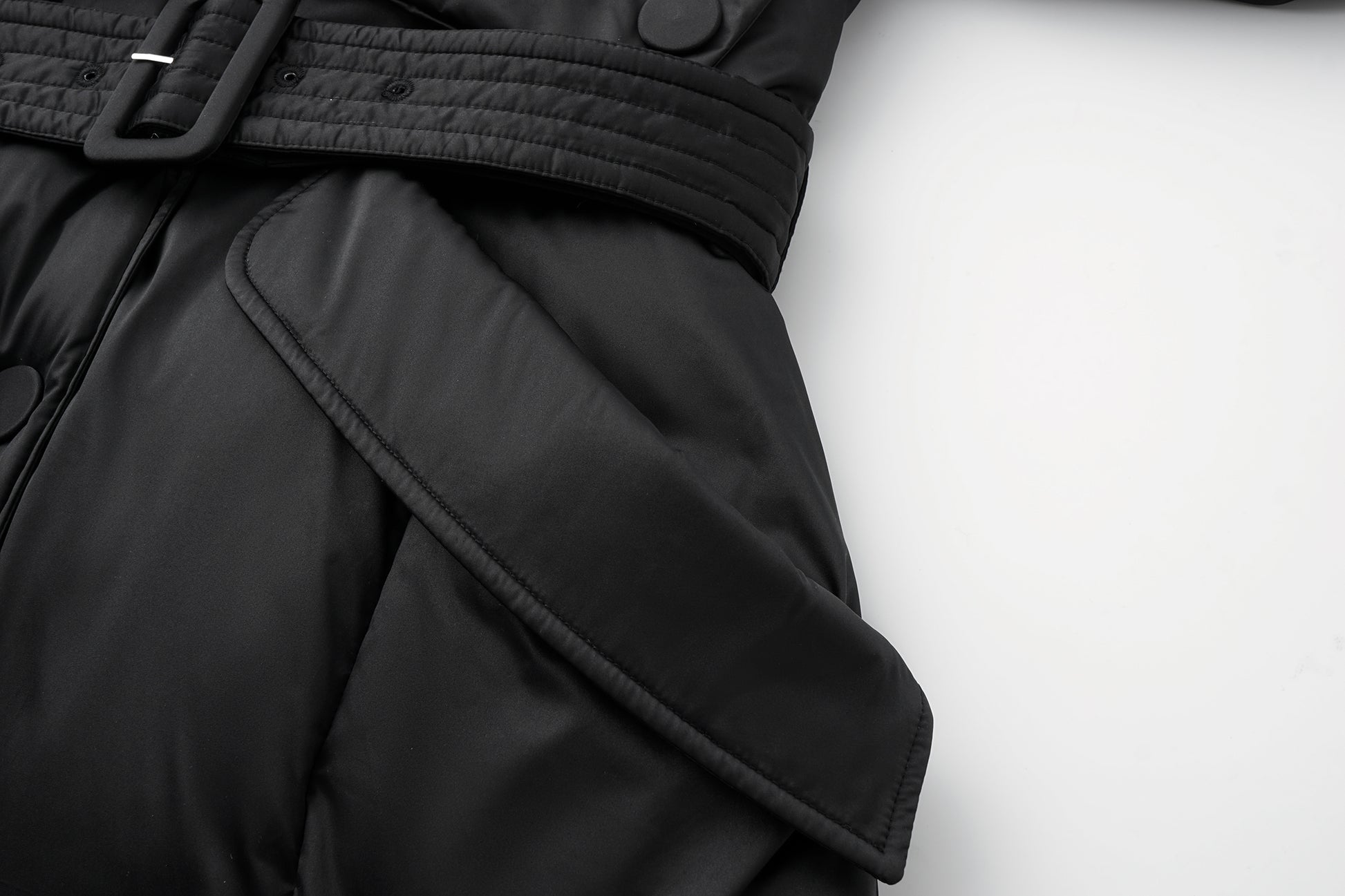 Stand-Collar Long Down Coat Cross-Wrap Waist-Defining Silhouette