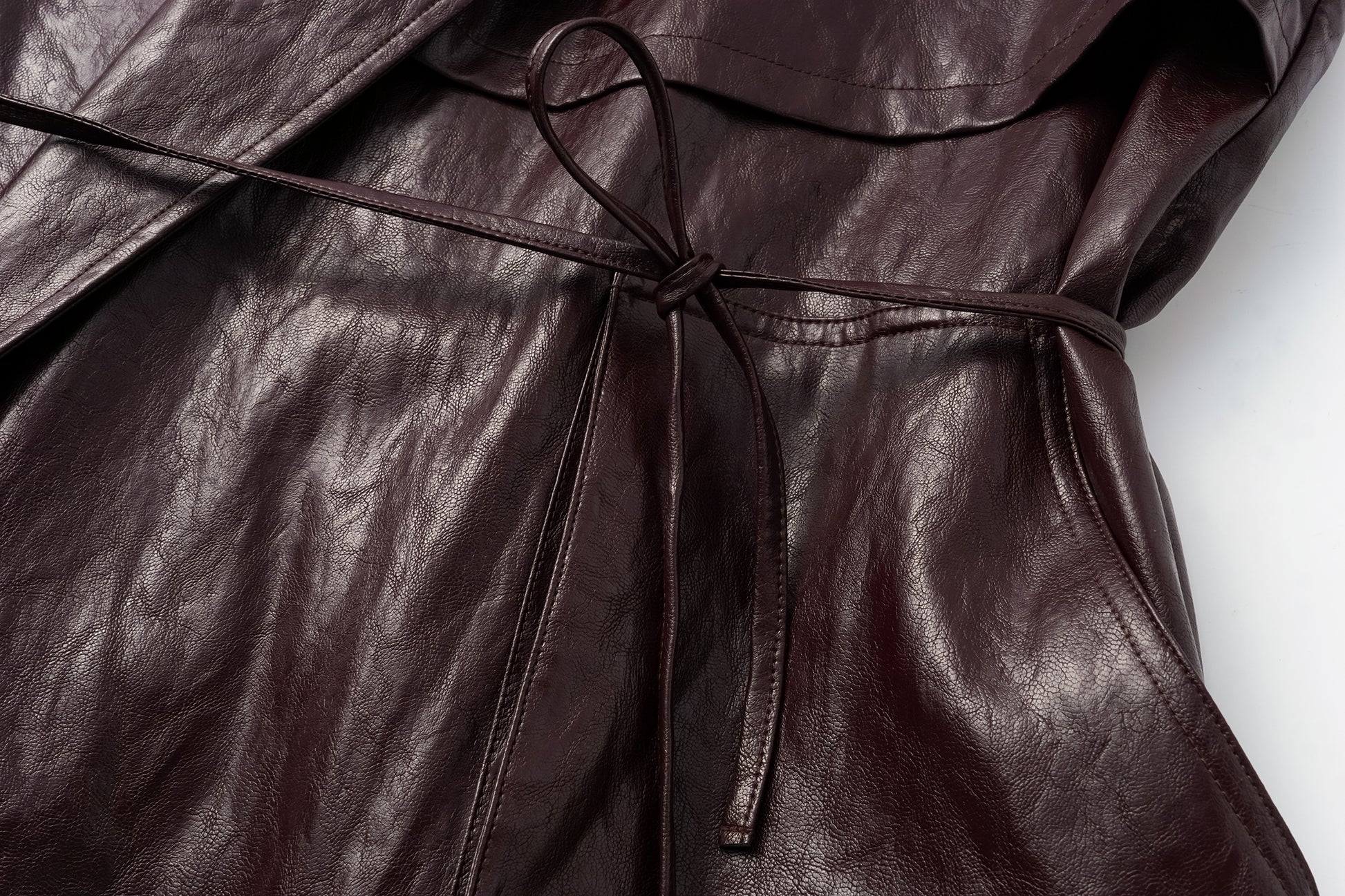 Relaxed Fit Belted Thigh-Length Leather-Look Jacket ( Faux Leather)