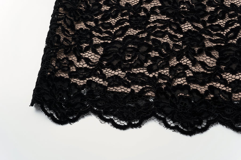 High-Waisted Pencil Skirt in Flocked Lace & Openwork