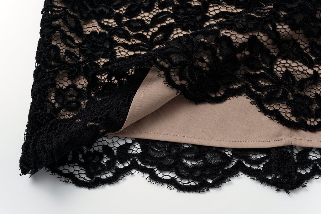 High-Waisted Pencil Skirt in Flocked Lace & Openwork