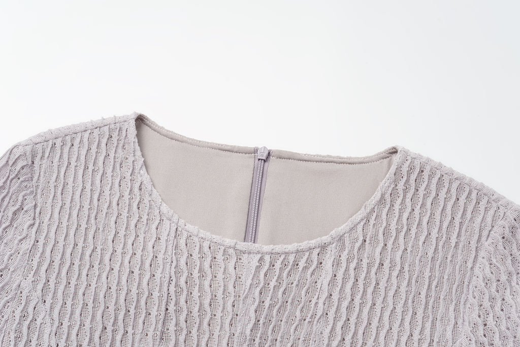 Round-Neck Dress with 3D Wave Texture & Lace-Openwork