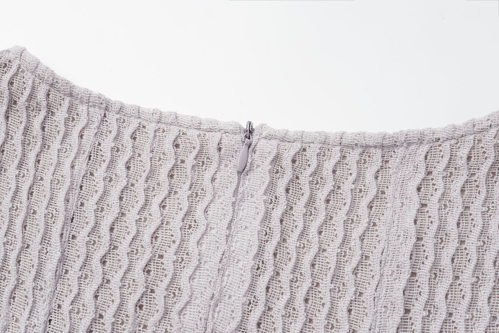 Round-Neck Dress with 3D Wave Texture & Lace-Openwork