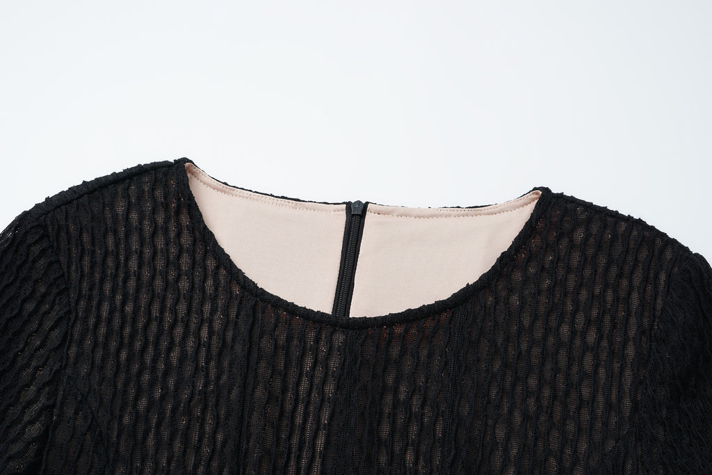 Round-Neck Dress with 3D Wave Texture & Lace-Openwork