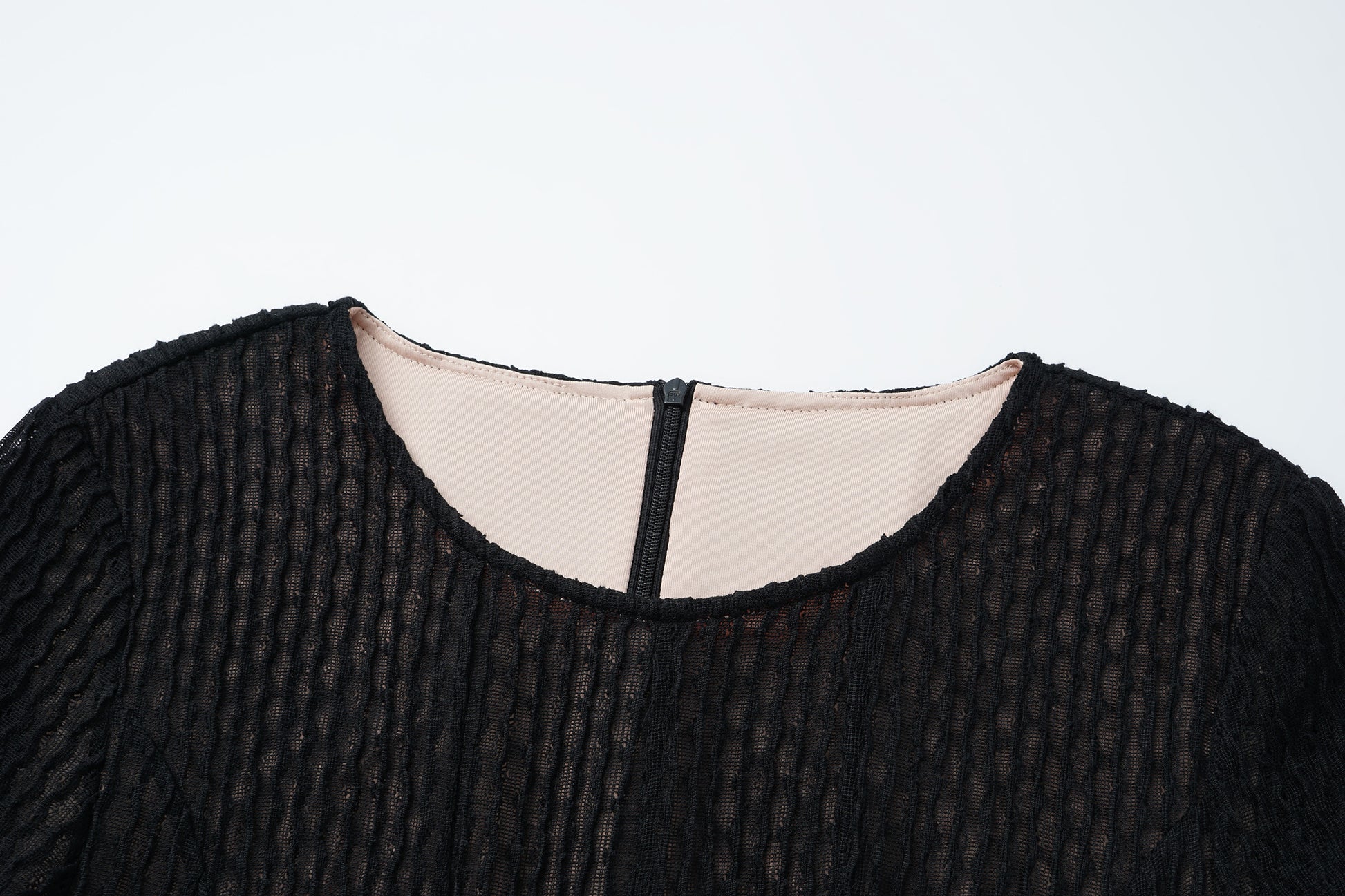 Round-Neck Dress with 3D Wave Texture & Lace-Openwork