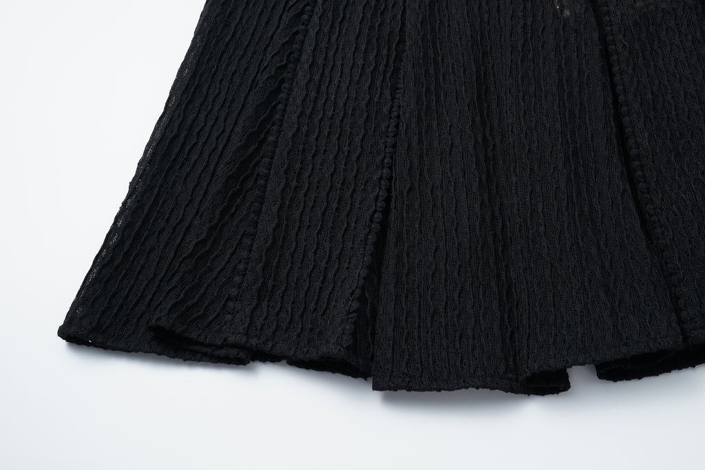 Round-Neck Dress with 3D Wave Texture & Lace-Openwork