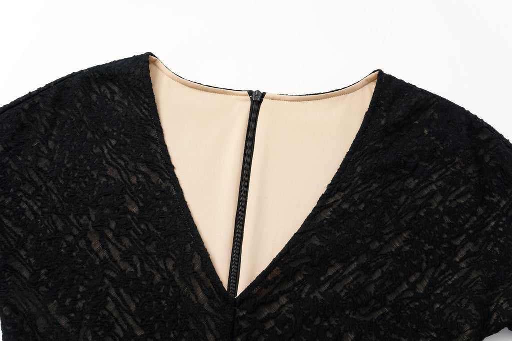 V-Neck Wool Dress with Jacquard & Lace-Openwork Detailing