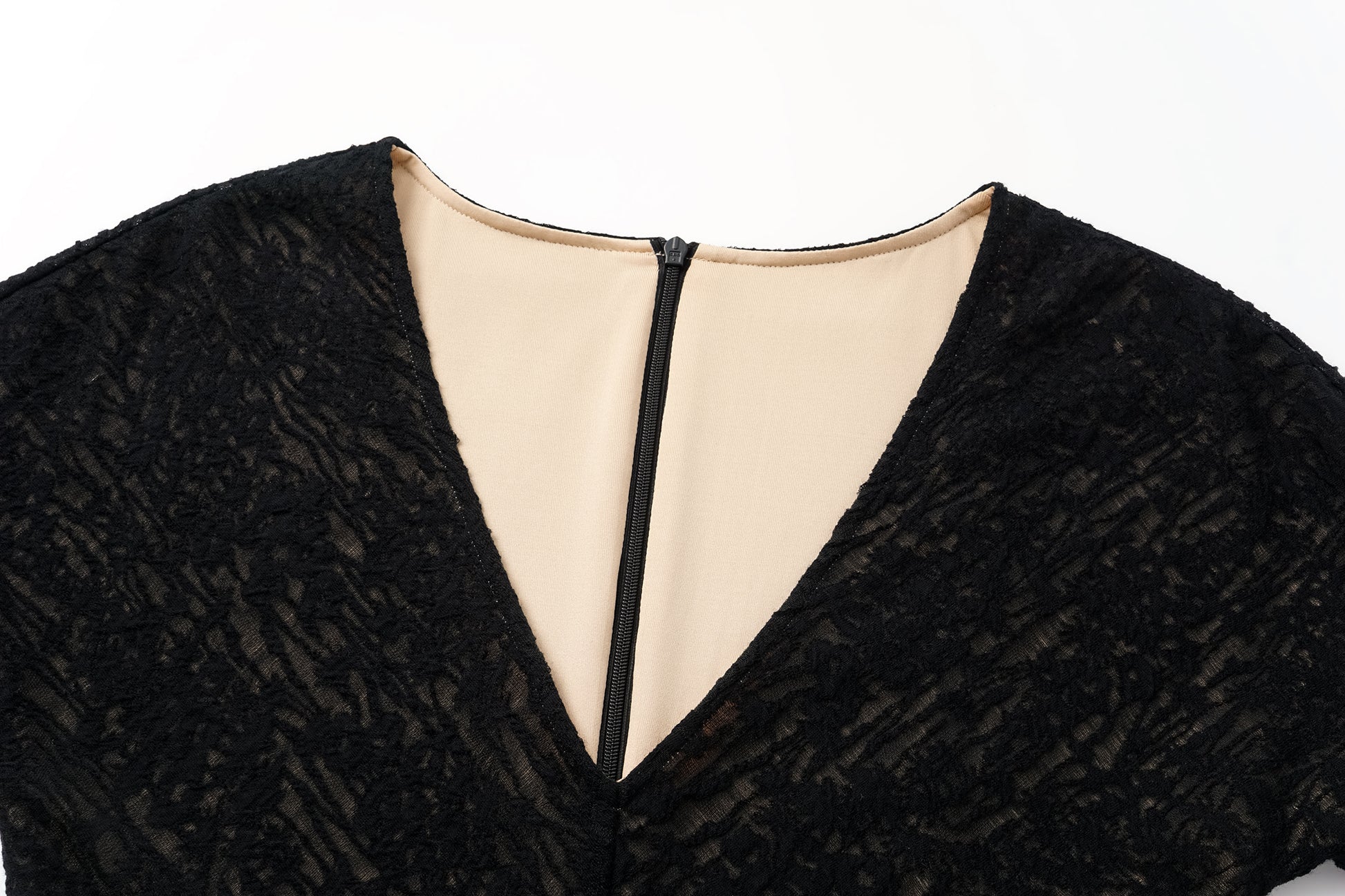 V-Neck Wool Dress with Jacquard & Lace-Openwork Detailing