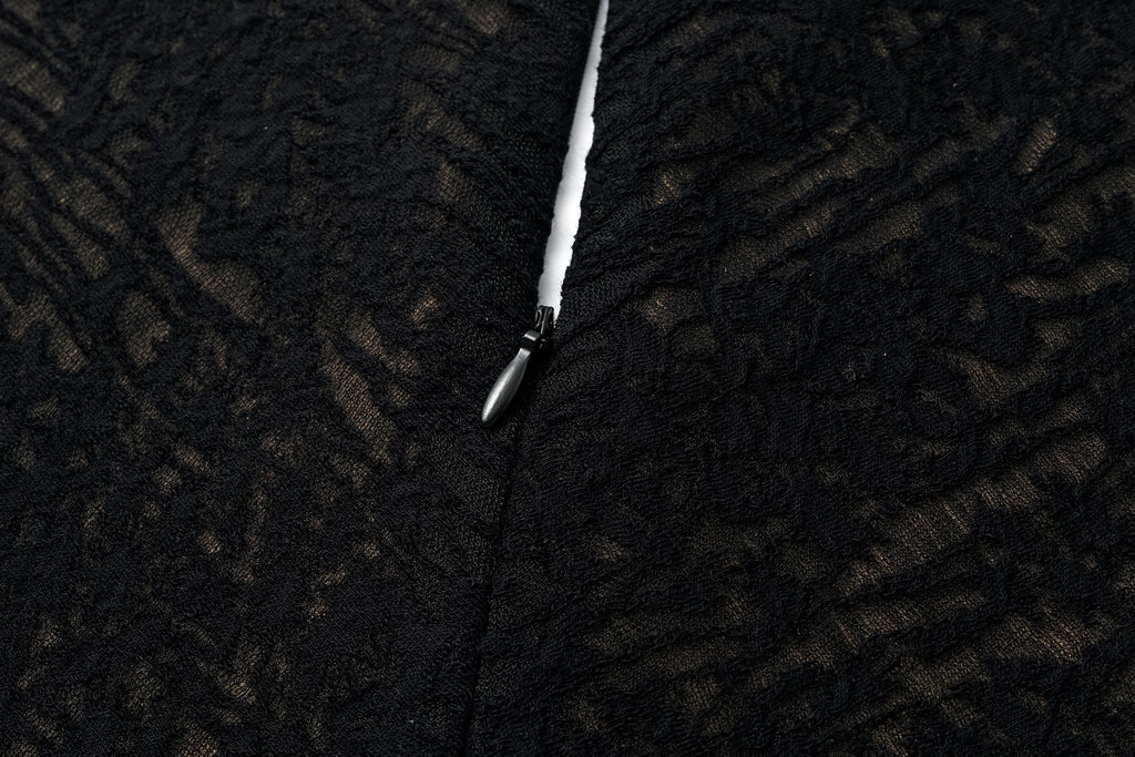 V-Neck Wool Dress with Jacquard & Lace-Openwork Detailing