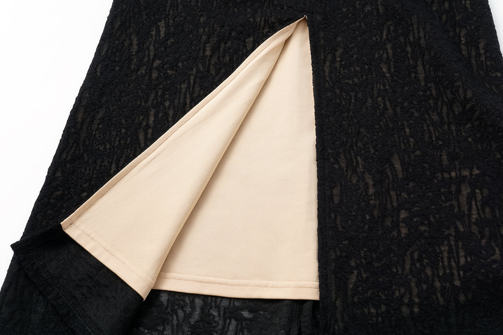 V-Neck Wool Dress with Jacquard & Lace-Openwork Detailing