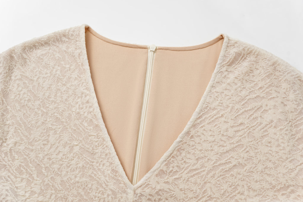 V-Neck Wool Dress with Jacquard & Lace-Openwork Detailing