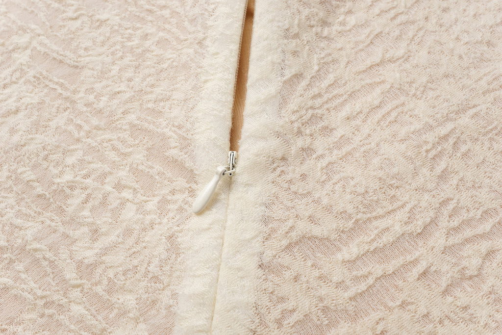 V-Neck Wool Dress with Jacquard & Lace-Openwork Detailing