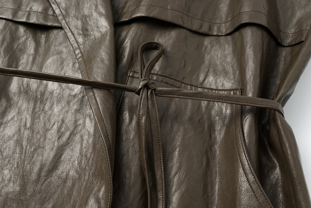 Relaxed Fit Belted Thigh-Length Leather-Look Jacket ( Faux Leather)