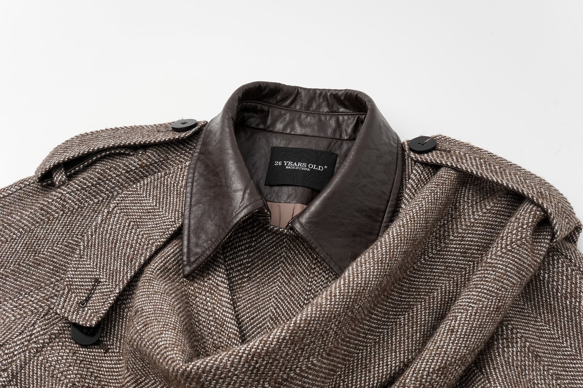Detachable Shawl Collar Herringbone Faux Leather Blend Coat