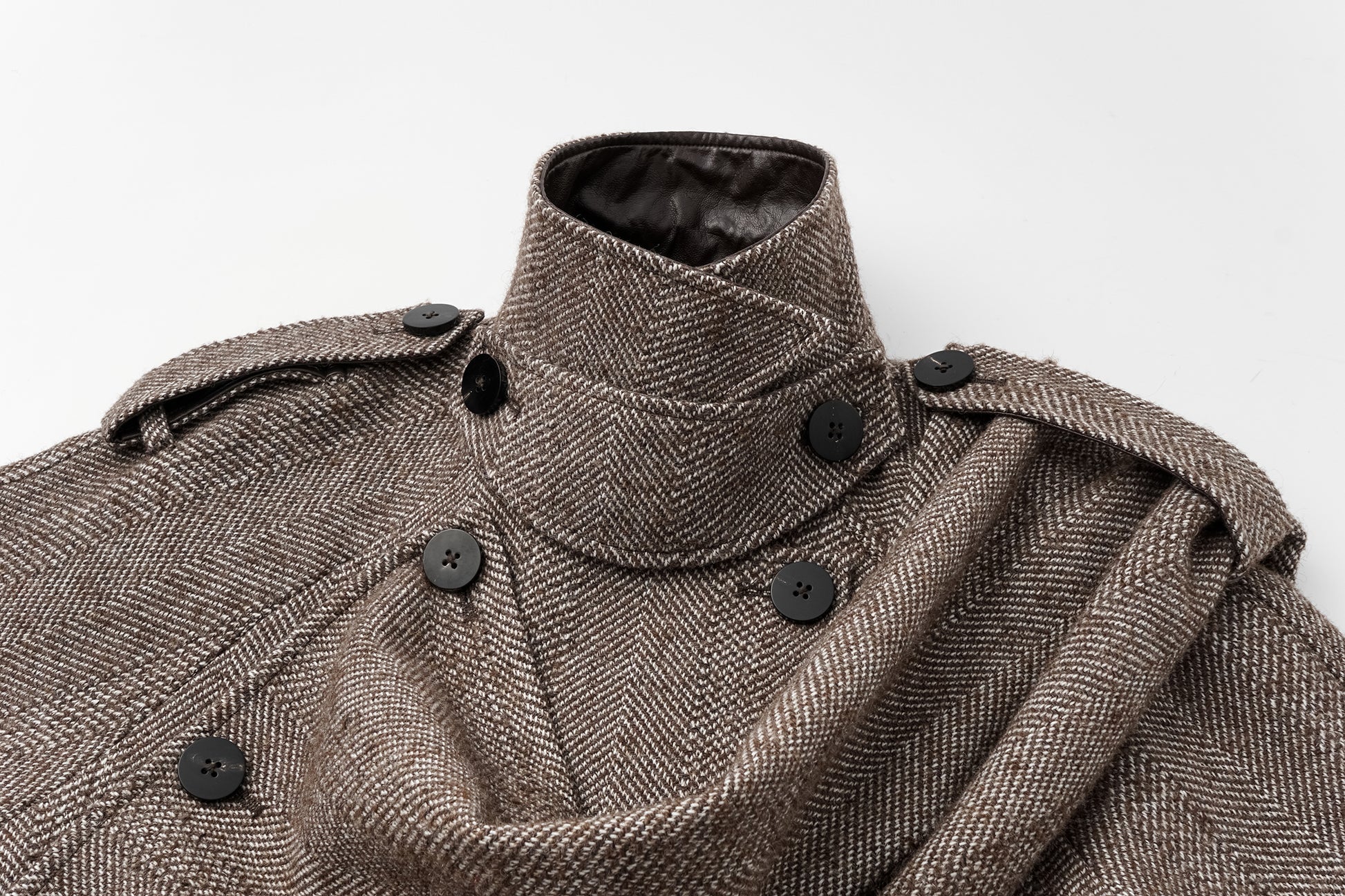 Detachable Shawl Collar Herringbone Faux Leather Blend Coat