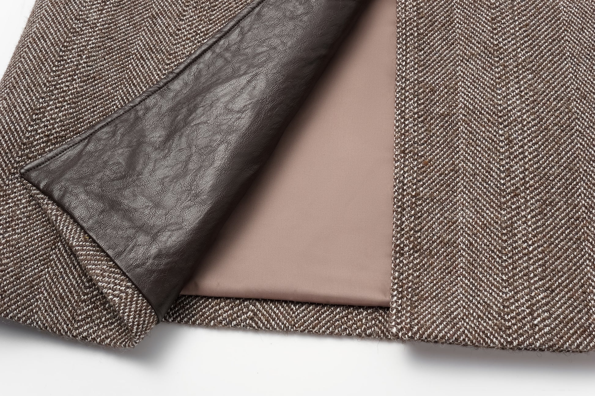 Detachable Shawl Collar Herringbone Faux Leather Blend Coat