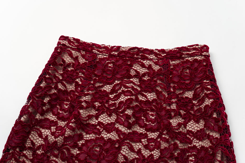High-Waisted Pencil Skirt in Flocked Lace & Openwork
