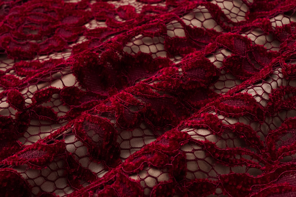 High-Waisted Pencil Skirt in Flocked Lace & Openwork